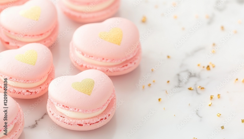 Obraz premium Close-up of Delicate Pink Heart-Shaped Macarons with Gold Accents on Marble Surface