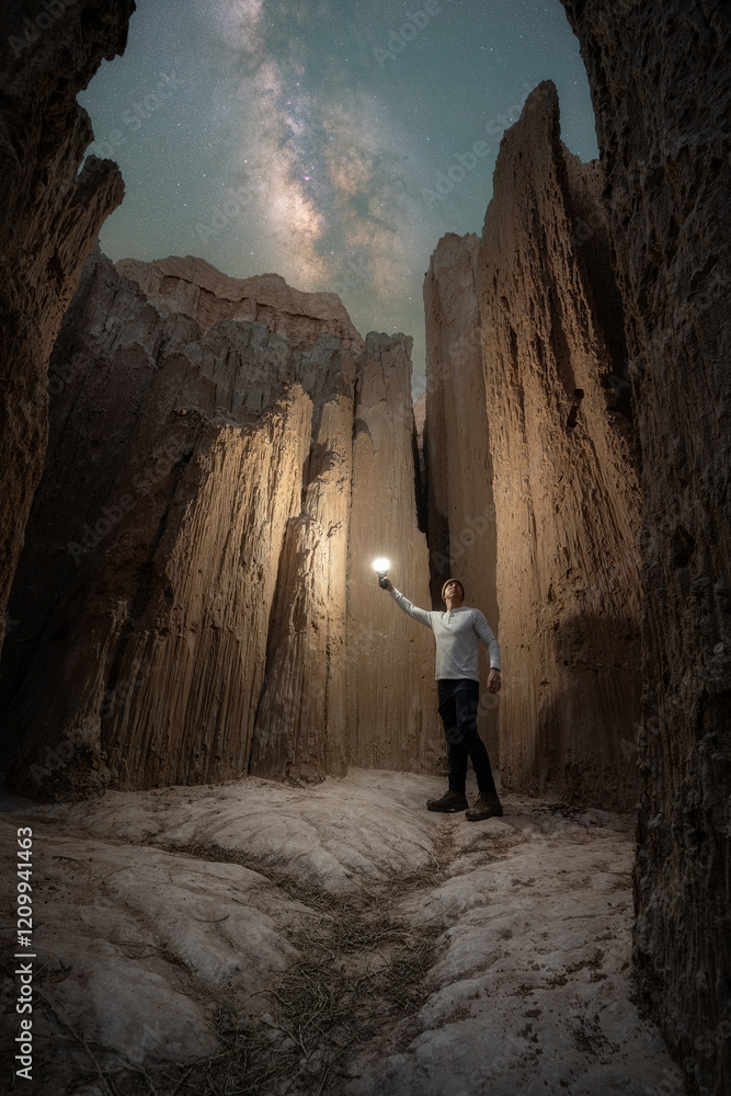 Obraz premium Man inside a Moon Cave under the milky way galaxy at Cathedral Gorge State Park in Nevada 
