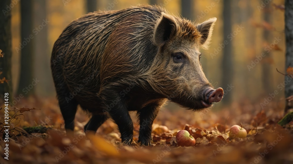 A wild boar forages among fallen apples in a serene autumn forest. A wild boar forages among fallen apples in a serene autumn forest.