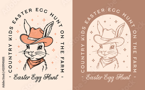 Easter egg hunt on the farm country cowboy hat bunny funny printable invitation card shirt design. Cute animal western cottagecore aesthetic orange beige neutral retro vintage groovy illustration.