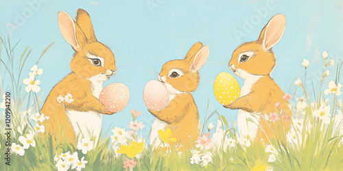Cute vintage illustrations of easter bunny holding pink and yellow eggs