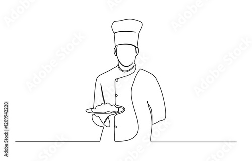 Continuous one line drawing of a chef is cooking in the kitchen, Continuous one line drawing of chef cooking with pan. Professional chef holds pan in single line draw vector illustration.
