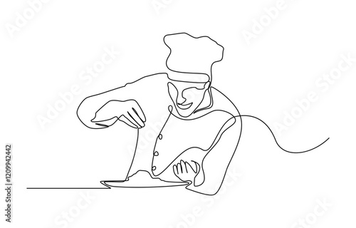 Continuous one line drawing of a chef is cooking in the kitchen, Continuous one line drawing of chef cooking with pan. Professional chef holds pan in single line draw vector illustration.