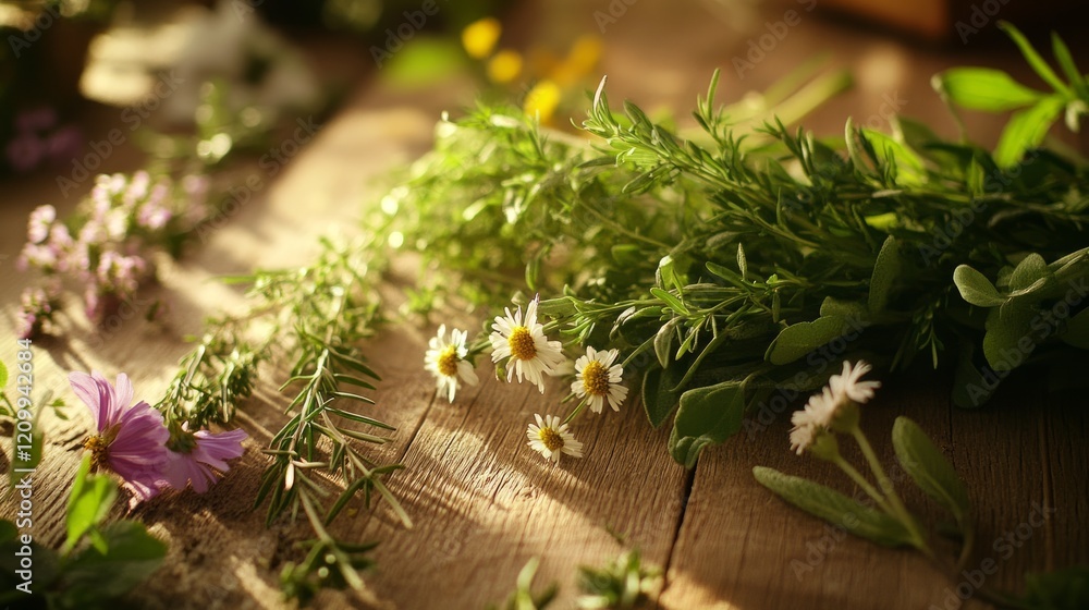 Close-up of fresh garden herbs and flowers on a rustic table, soft warm light, highly detailed, peaceful and inviting, calm and natural, warm and vibrant, tranquil and beautiful atmosphere Close-up of fresh garden herbs and flowers on a rustic table, soft warm light, highly detailed, peaceful and inviting, calm and natural, warm and vibrant, tranquil and beautiful atmosphere