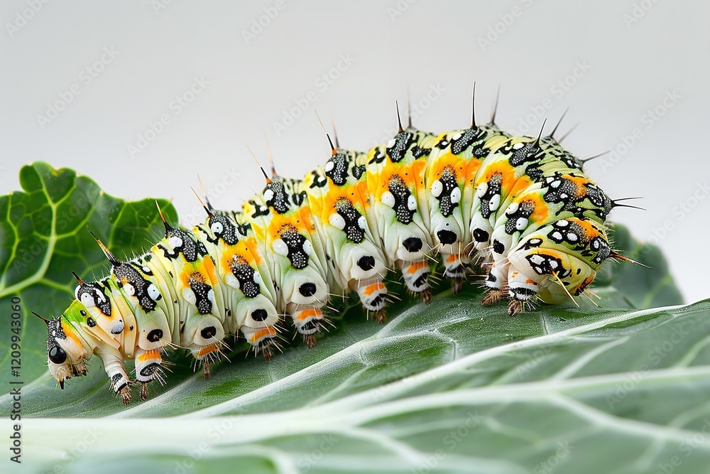 An up-close view of a caterpillar perched on a cabbage leaf on a stark white background featuring ample writing area for backdrop or text usage, Generative AI. An up-close view of a caterpillar perched on a cabbage leaf on a stark white background featuring ample writing area for backdrop or text usage, Generative AI.
