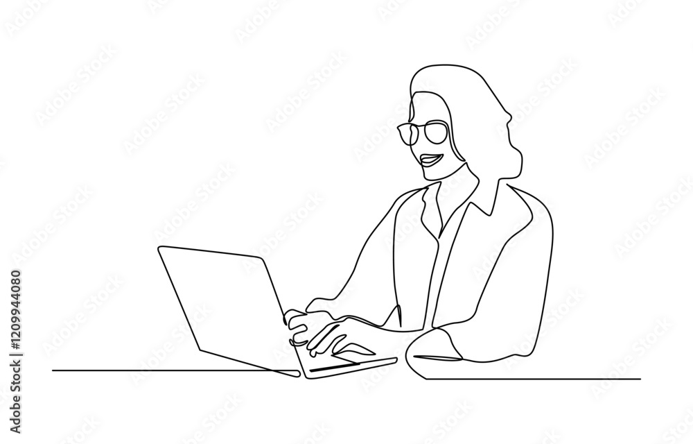 Continuous one single line drawing Happy professional young business woman using laptop, Professional young business woman using digital mobile phone tablet laptop work. Continuous one single line drawing Happy professional young business woman using laptop, Professional young business woman using digital mobile phone tablet laptop work.