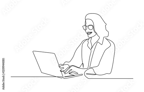 Continuous one single line drawing Happy professional young business woman using laptop, Professional young business woman using digital mobile phone tablet laptop work.