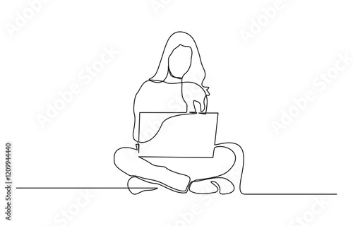 Continuous one single line drawing Happy professional young business woman using laptop, Professional young business woman using digital mobile phone tablet laptop work.
