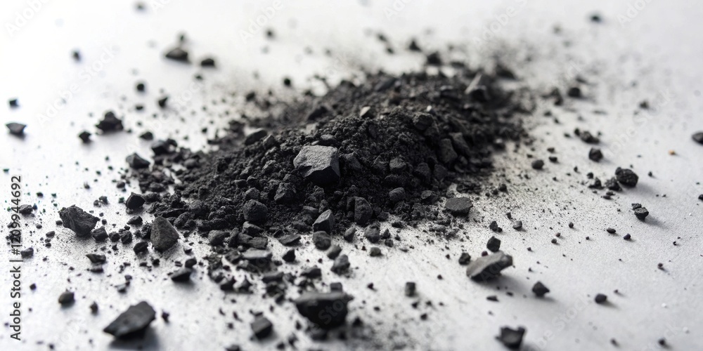 Close-up view of dark gray powder and small, fragmented rocks scattered on a light gray surface Close-up view of dark gray powder and small, fragmented rocks scattered on a light gray surface