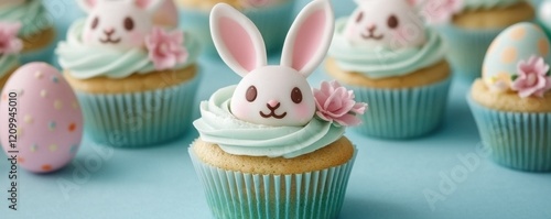 Pastel Easter theme cupcake concept. Easter-themed cupcakes with bunny decorations and pastel colors