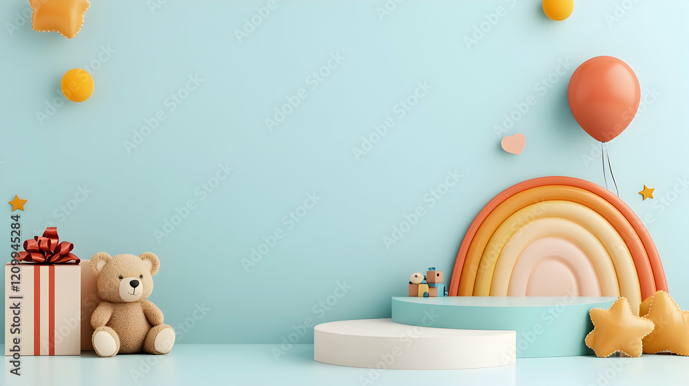 Obraz premium Charming Pastel Podium with Rainbow and Teddy Bear