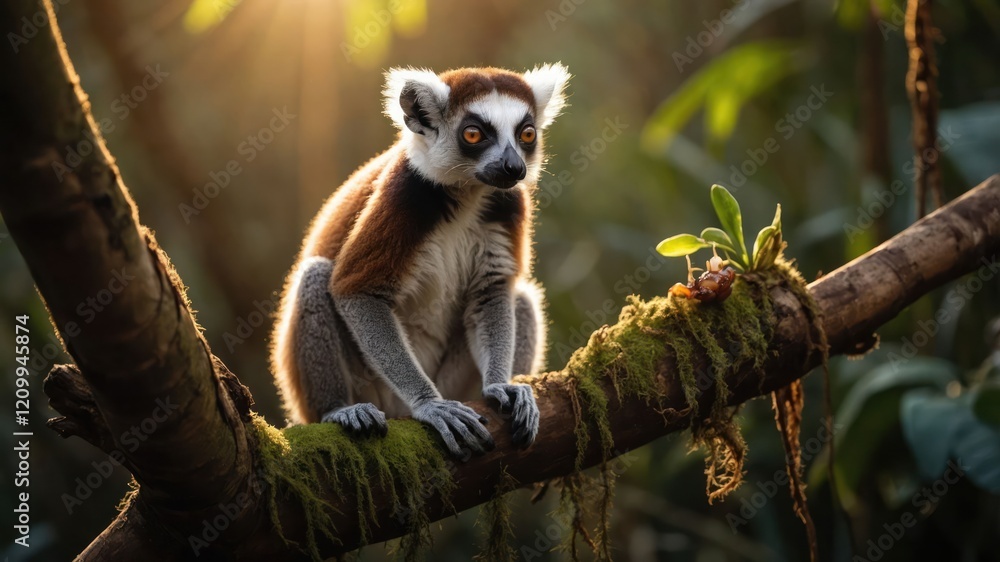 Obraz premium A lemur perched on a mossy branch in a sunlit forest, showcasing nature's beauty.