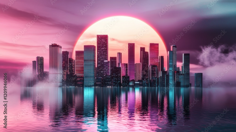 Fototapeta premium Futuristic City Skyline Reflected in Glowing Purple and Pink Sunset Lake Landscape