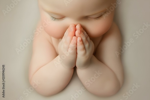 Design a serene close-up of a pair of chubby baby hands clasped together   in a prayer pose
