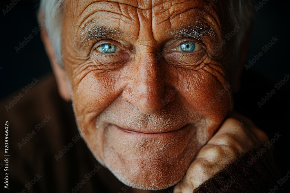 Close-up portrait of an elderly man with a weathered face, deep wrinkles, twinkling eyes, and a warm, genuine smile, expressing joy and wisdom Close-up portrait of an elderly man with a weathered face, deep wrinkles, twinkling eyes, and a warm, genuine smile, expressing joy and wisdom