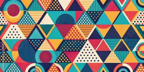 Vibrant Geometric Pattern Featuring Triangles, Circles, and Stripes in a Bold Color Palette