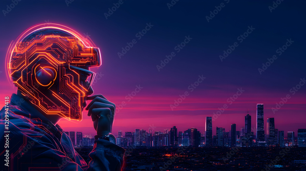 Fototapeta premium Circuit Board Head Silhouette with Night Cityscape
