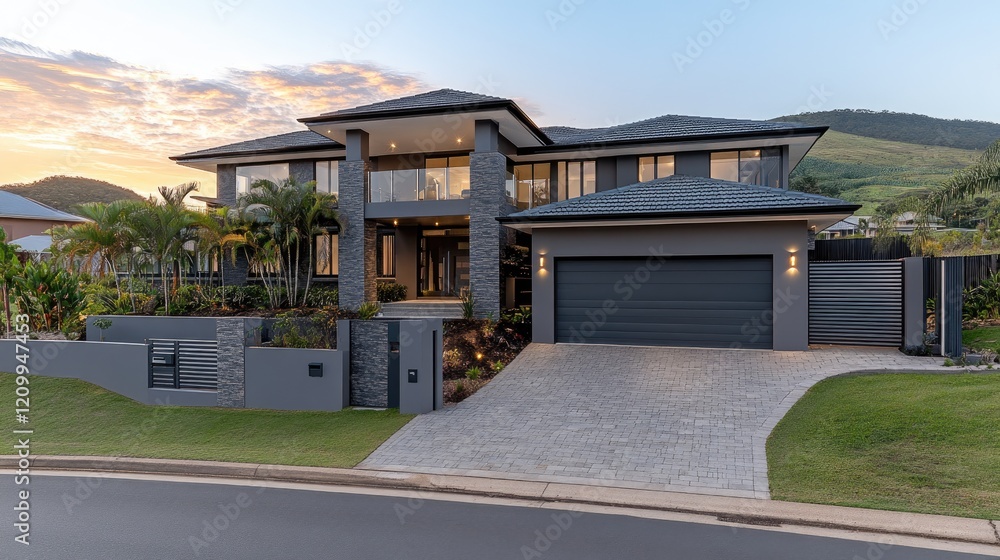 Stylish house features a sleek design with a gray metal fence and garage, set against vibrant greenery in broad daylight Stylish house features a sleek design with a gray metal fence and garage, set against vibrant greenery in broad daylight