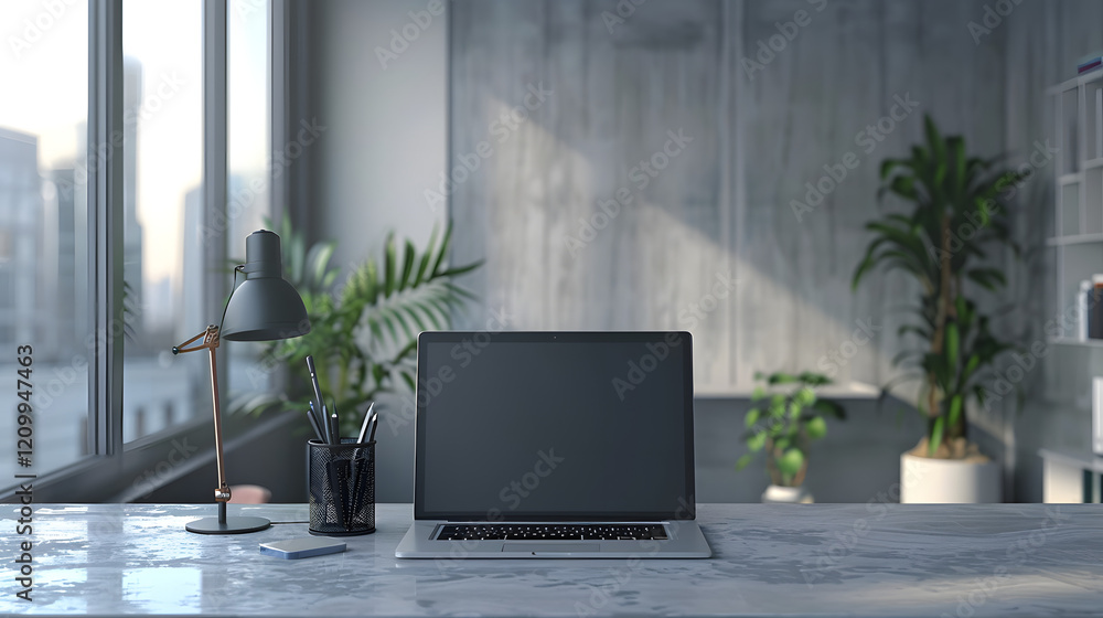 Fototapeta premium Background image of open laptop on workplace desk with clutter in empty office interior copy space