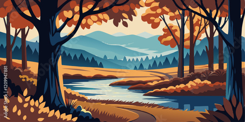Fall landscape image. Cartoon style. Vector illustration