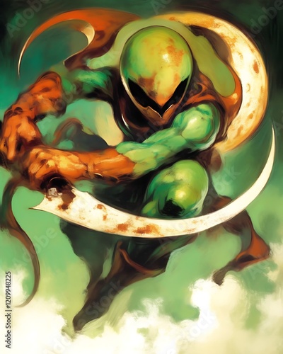 Green-skinned warrior wielding crescent blades. photo