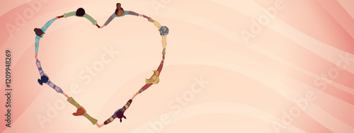 Group of multicultural women in circle holding hands forming a heart. Top view. International women s day. Diversity - inclusion - equality - girl power or empowerment concept