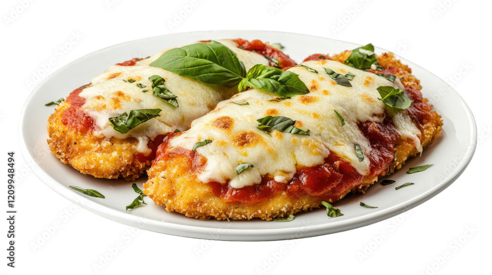 two breaded and baked chicken cutlets topped with marinara sauce. melted cheese. and fresh basil leaves. served on a white plate this dish is likely intended for a meal. showcasing a delicious and com two breaded and baked chicken cutlets topped with marinara sauce. melted cheese. and fresh basil leaves. served on a white plate this dish is likely intended for a meal. showcasing a delicious and com