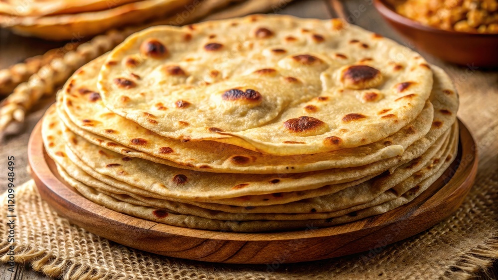 Aromatic Stack of Golden Brown Flatbreads on Wooden Plate Aromatic Stack of Golden Brown Flatbreads on Wooden Plate