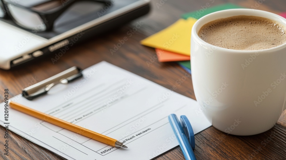 Organized workspace with job application forms and coffee mug Organized workspace with job application forms and coffee mug