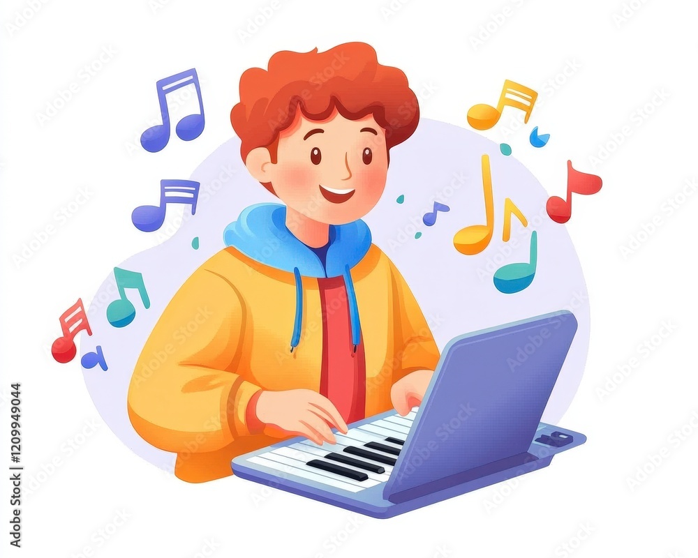 Young Boy Enjoying Music On Laptop With Colorful Musical Notes Young Boy Enjoying Music On Laptop With Colorful Musical Notes