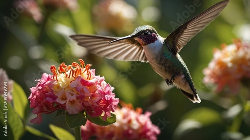 A colorful hummingbird hovering near vibrant flowers, showcasing nature's beauty and pollination. photo