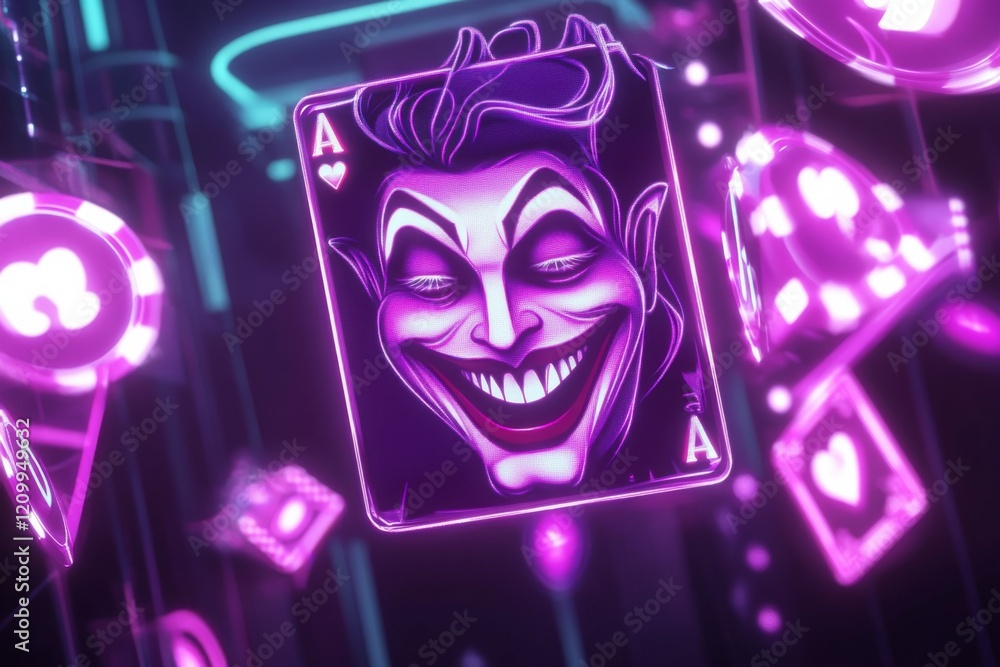 Fototapeta premium Neon Joker Card in Cyberpunk World