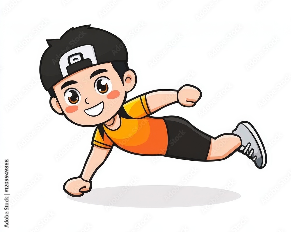 Energetic Cartoon Boy Performing a Dynamic Push-Up Exercise Energetic Cartoon Boy Performing a Dynamic Push-Up Exercise