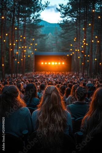 Outdoor concert in the woods with a large audience enjoying live music at dusk among the trees photo