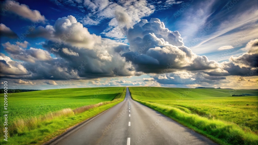 Asphalt road vanishing point leading through vibrant green fields under a dramatic sky Asphalt road vanishing point leading through vibrant green fields under a dramatic sky