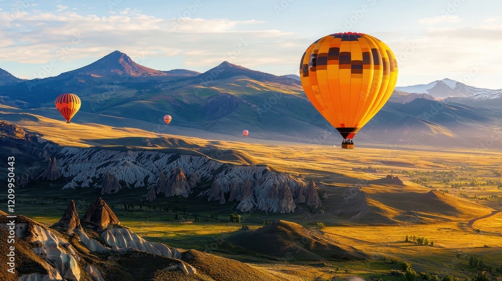 Majestic Mountain Landscape with Floating Hot Air Balloons at SunriseSunset Majestic Mountain Landscape with Floating Hot Air Balloons at SunriseSunset