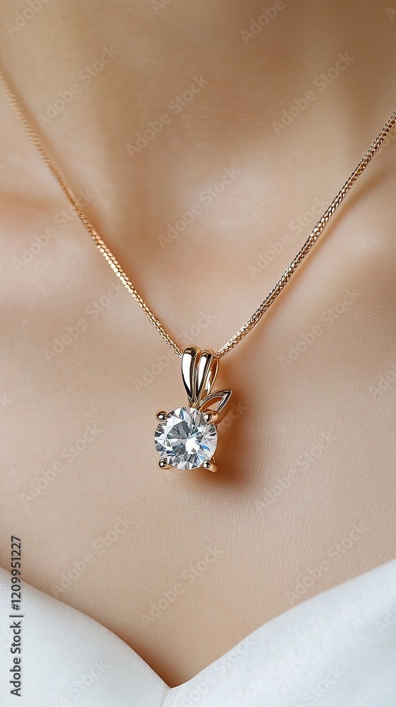A gold necklace with a sparkling diamond pendant elegantly adorns a woman's neck, captured against a clean white background A gold necklace with a sparkling diamond pendant elegantly adorns a woman's neck, captured against a clean white background