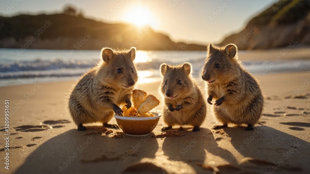 Three quokkas enjoying food on a beach at sunset. Three quokkas enjoying food on a beach at sunset.
