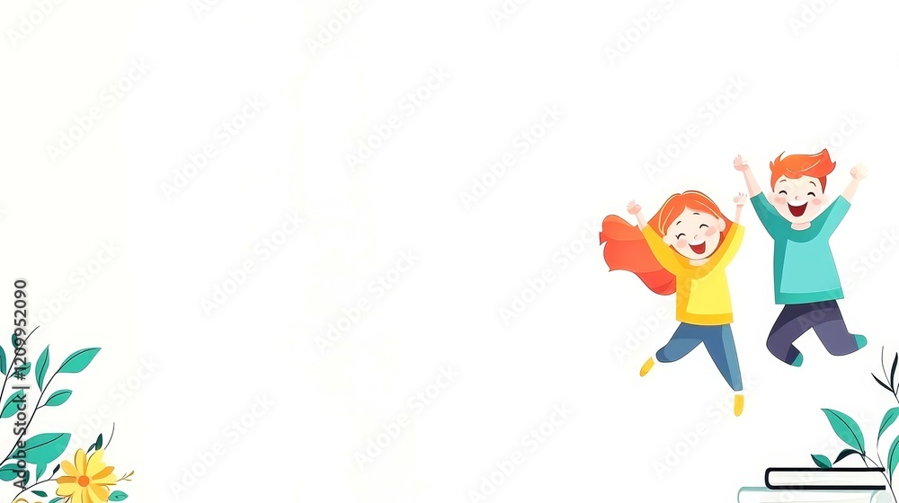 Cute Cartoon-Flat concept. Cheerful children jumping joyfully, surrounded by flowers and a bright, white background. Cute Cartoon-Flat concept. Cheerful children jumping joyfully, surrounded by flowers and a bright, white background.