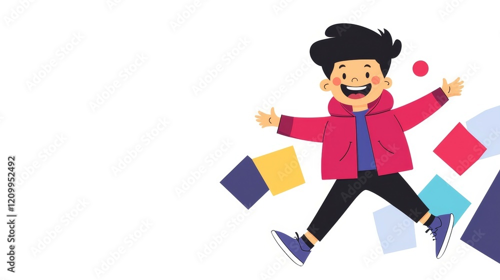 Cute Cartoon-Flat concept. Cheerful child jumping with colorful shapes around him in a playful setting. Cute Cartoon-Flat concept. Cheerful child jumping with colorful shapes around him in a playful setting.