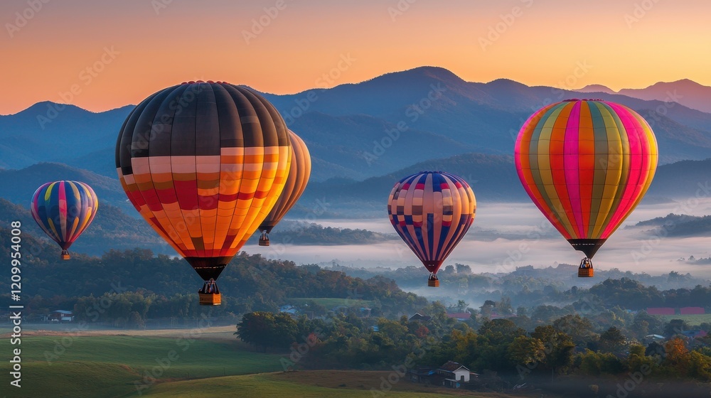 Naklejka premium Spectacular Colorful Hot Air Balloons Floating Over Scenic Mountain Landscape at Sunrise