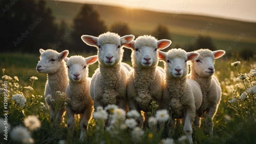 Fototapeta premium A group of six fluffy lambs standing in a sunlit field adorned with flowers.