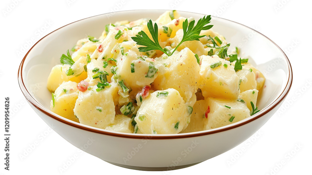 bowl of creamy potato salad garnished with fresh parsley. showcasing diced potatoes mixed with a rich dressing and herbs. making it an appealing side dish for various meals bowl of creamy potato salad garnished with fresh parsley. showcasing diced potatoes mixed with a rich dressing and herbs. making it an appealing side dish for various meals
