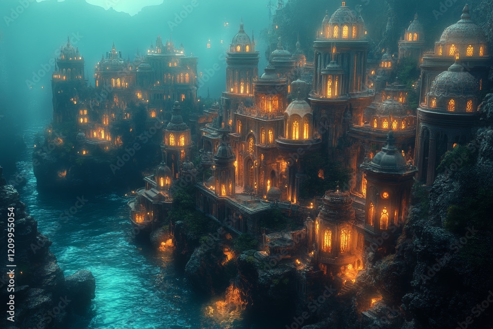 A glowing underwater city surrounded by marine life and coral reefs. Generative AI A glowing underwater city surrounded by marine life and coral reefs. Generative AI