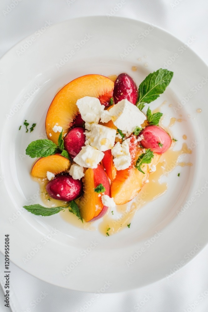 Peach and feta salad with mint and honey on a white plate Peach and feta salad with mint and honey on a white plate