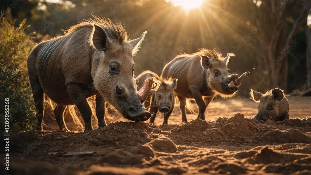 A family of warthogs foraging in the dirt during sunset. A family of warthogs foraging in the dirt during sunset.