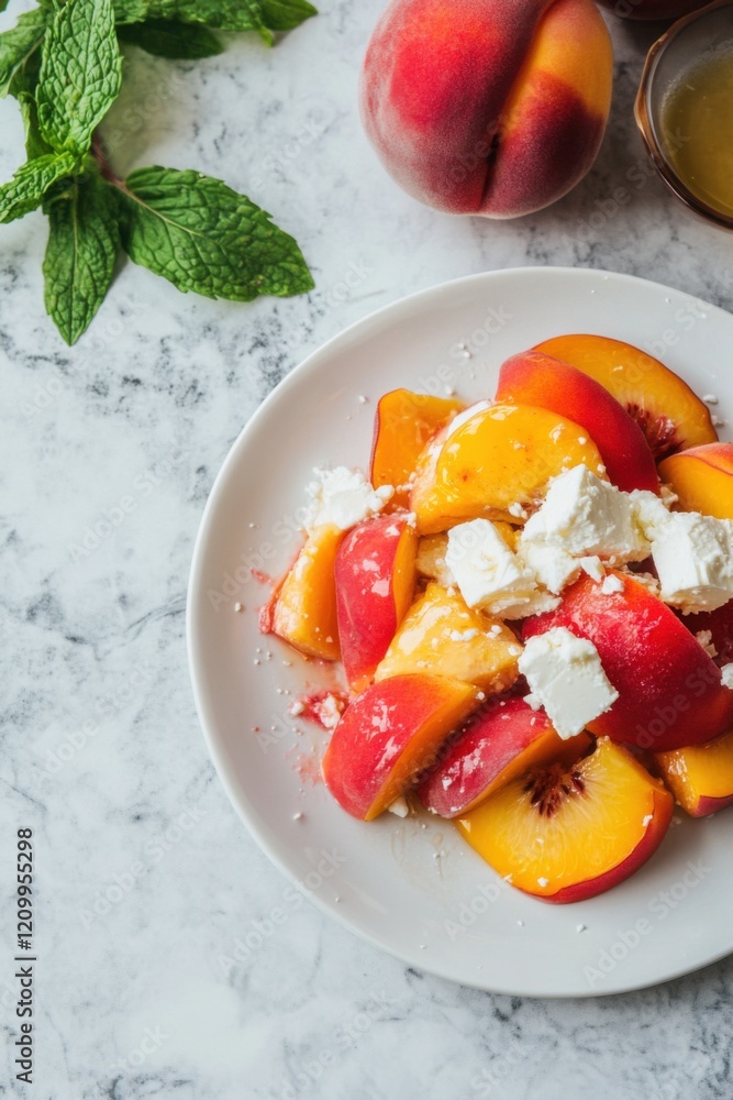 Fresh peach and feta salad with mint and honey drizzle for summer dining Fresh peach and feta salad with mint and honey drizzle for summer dining