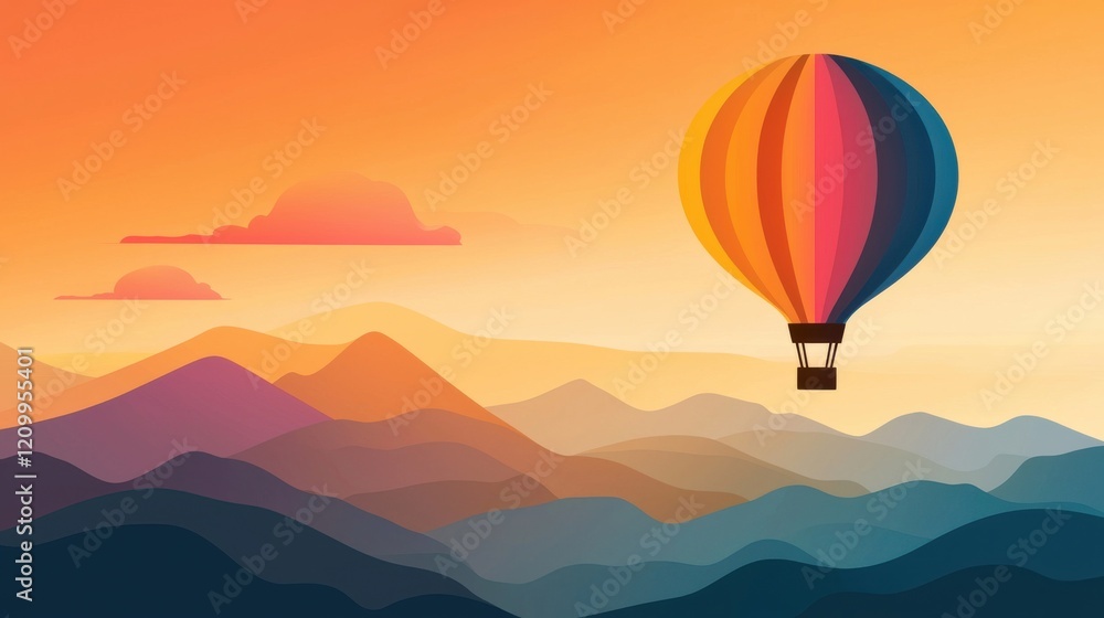 Fototapeta premium Breathtaking hot air balloon flight over majestic mountain landscape at golden hour