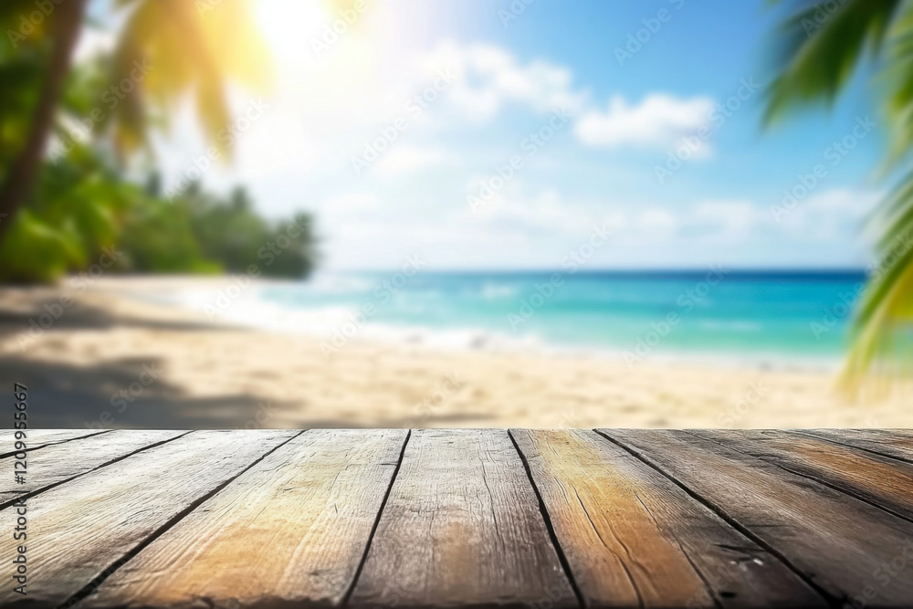 Wooden boards with blurred sea background and coconut palm leaves Wooden boards with blurred sea background and coconut palm leaves
