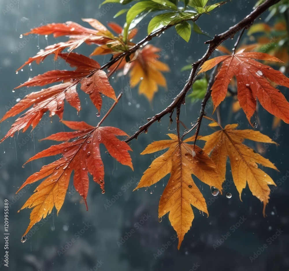 A leafy branch with raindrops falling from it, greenery, outdoor scene, landscape A leafy branch with raindrops falling from it, greenery, outdoor scene, landscape